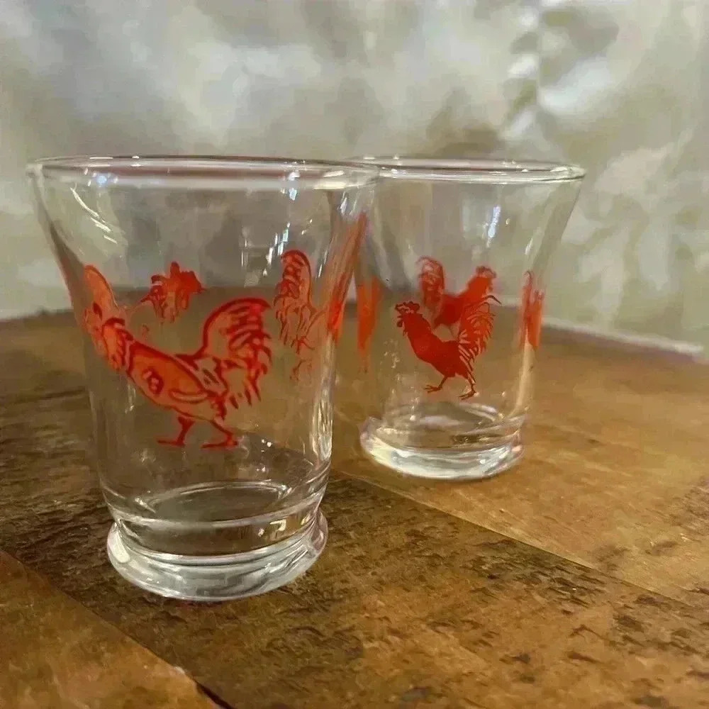 2 Vintage Red Rooster Double  Shot Juice Glasses